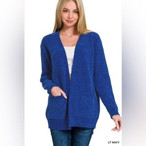 ZENANA Women's Sweater Cardigan with Pockets Marled Royal Blue Medium